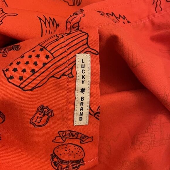 Lucky Brand Orange Novelty Print Button Up Mens Size Large Short Sleeve - Picture 12 of 12